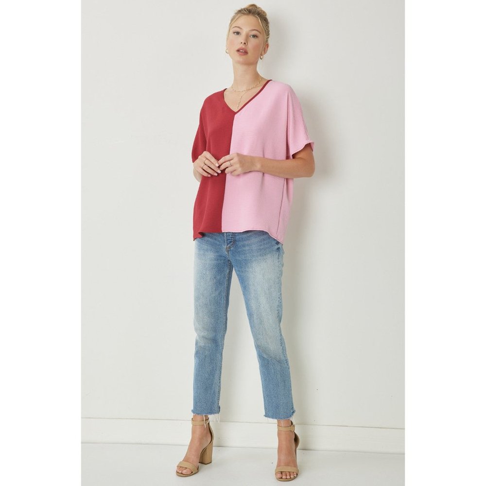 Entro Color Block V-Neck Top, Ruby - Picture 3 of 6
